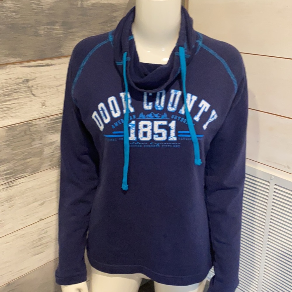 Door County sweatshirt with cowel neck and drawstring. Of medium weight!